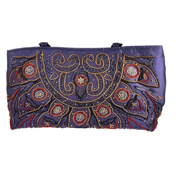 Blue Purple Beaded Purse Handbag Acrylic Bamboo style Handles Unbranded Zipper - Picture 8 of 14